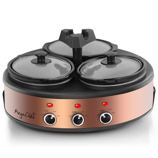 MegaChef Brushed Copper & Black Round Triple 1.5qt. Slow Cooker & Buffet Server Finish With 3 Ceramic Cooking Pots & Removable Lid Rests